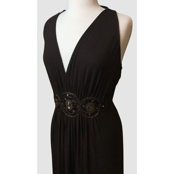 MixIt Sleeveless Deep V Neck Gathered Waist Embellished Brown Soft Knit Dress 16 - Picture 3 of 10